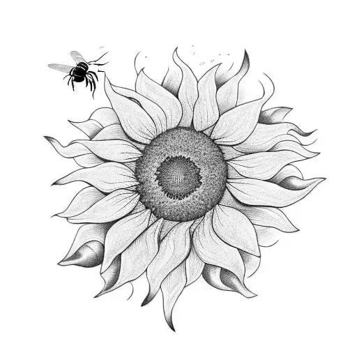 A Blackwork Tattoo Of A Sunflower With A Hidden Bee Design