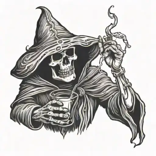 Grim Reaper Holding Whiskey Glass And Smoking Cigarette
