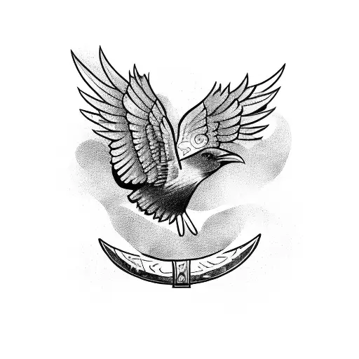 A Raven Flying Over A Viking Axe And A Macahuitl Crossed