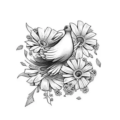 A Beautiful Bouquet Of Daisies And Petunias With A Dove Perched On Top