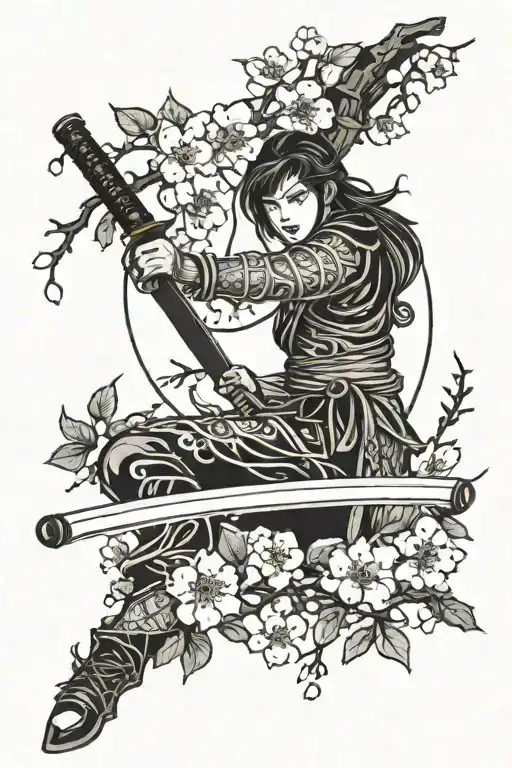 Katana Surrounded By Cherry Blossoms And Branch