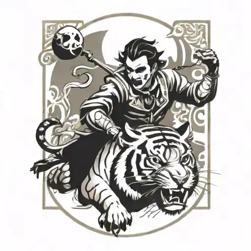A Tarot Card Joker With A Chinese Tiger Chasing Yin And Yang In A Blackwork Style