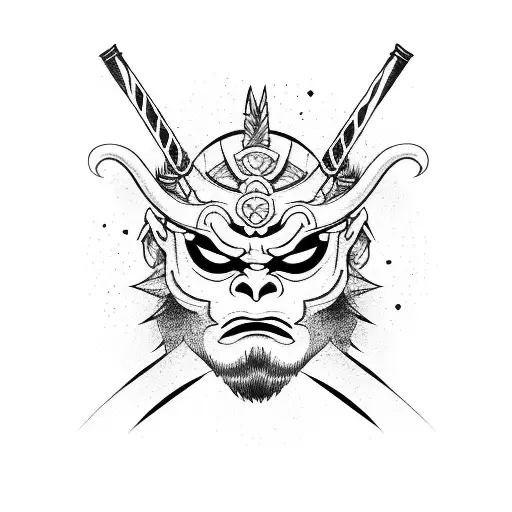An Oni Mask With A Katana Crossed Vertically