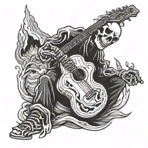 Skeleton Playing Guitar Next To A Campfire Black And Grey
