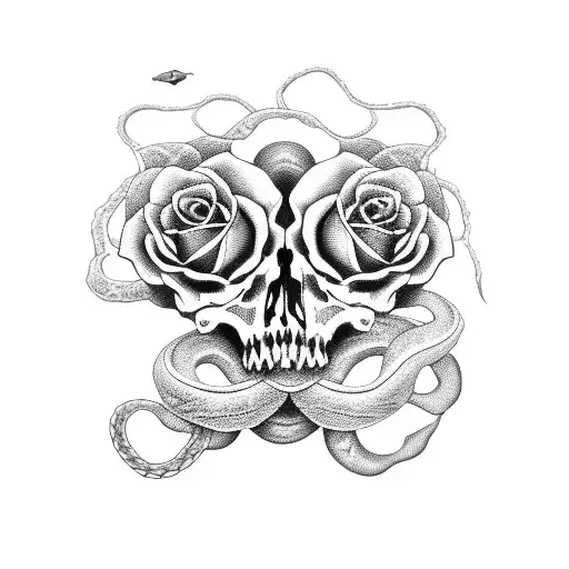 Two Skulls With Roses And A Snake Going Through Them