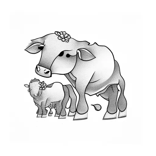 Simple Line Mother And Baby Cow By Hay Bail