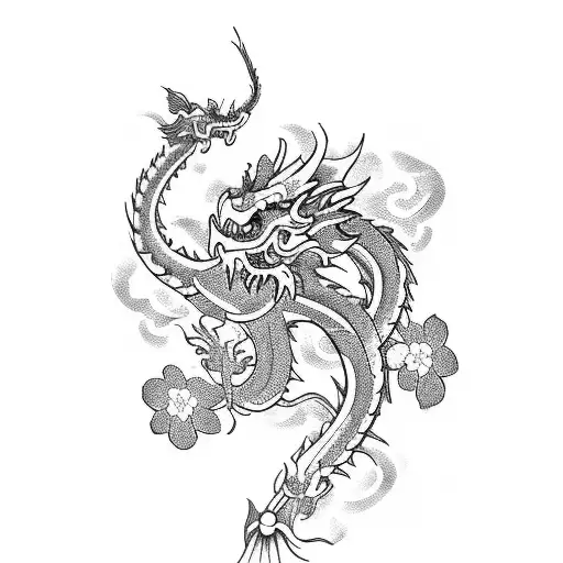 A Sketch-style Tattoo Featuring A Traditional Chinese Dragon Surrounded By Cherry Blossoms
