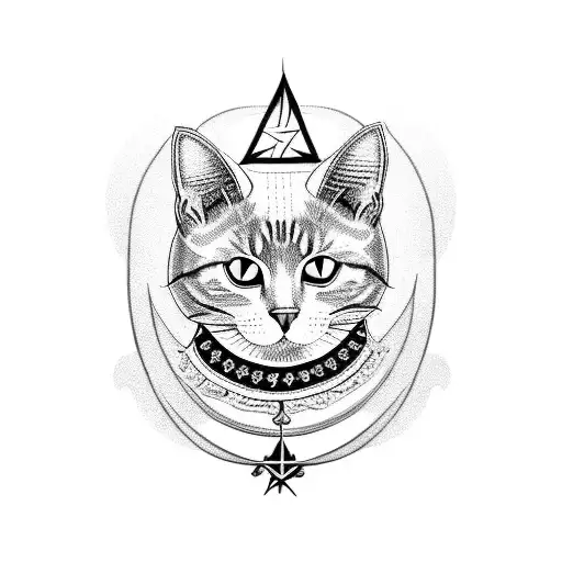 A Blackwork Tattoo Of A Cat With A Pentagram Collar Surrounded By Witchcraft Symbols
