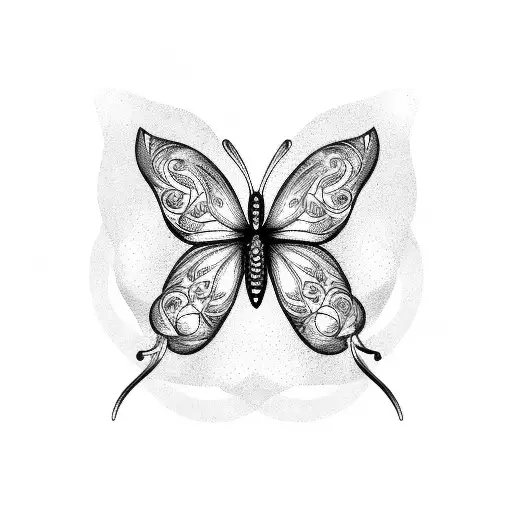 Fine Line Butterfly With Flowers In The Space