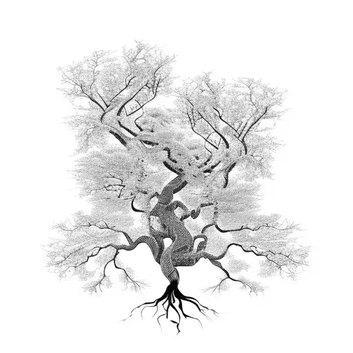 A Majestic Blackwork Tree With Intricate Roots And Branches