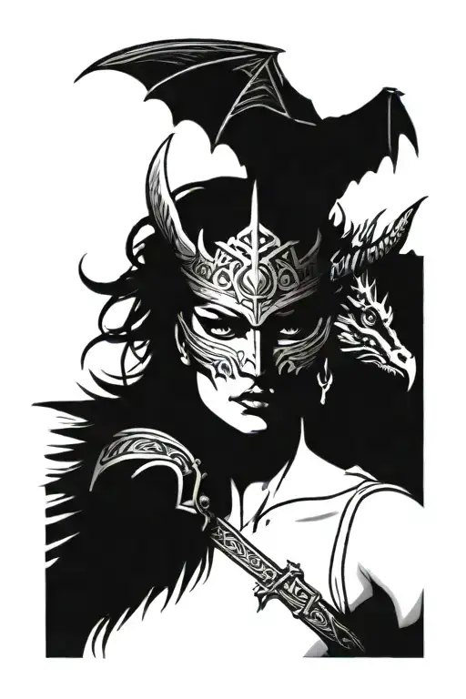 Valkyrie Head In Front With Dragon Behind Her