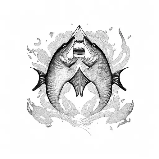 An Abstract Representation Of A Predatory Fish In Blackwork Style