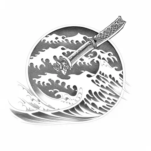 Japanese Classic Waves Background With Katana And Chess Pawn