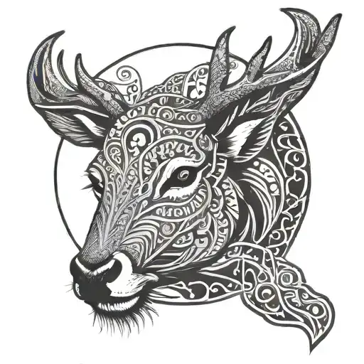 Mandala Deer Head With Background Filled Designed Circle Tattoo On Forearm