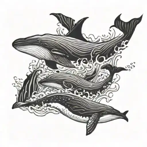 A Family Of Whales Swimming In The Ocean Waves