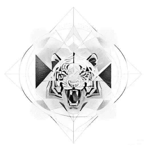 A Geometric Representation Of A Tiger Surrounded By Abstract Art Elements
