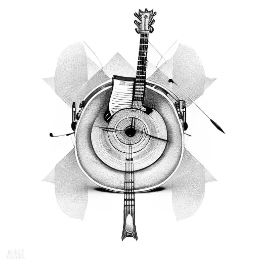 A Music-themed Tattoo Featuring A Guitar And A Vinyl Record