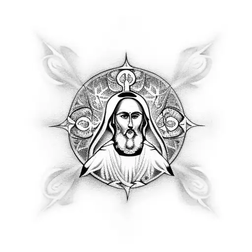 Airbrushed Blackwork Tattoo Of A Religious Figure Surrounded By Doves