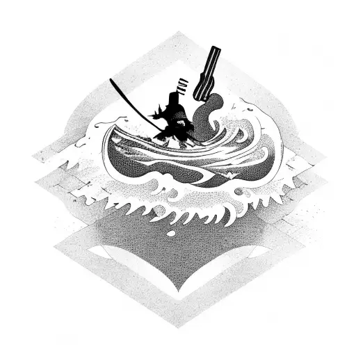 A Blackwork Tattoo Of A Samurai Riding A Wave Made Of Marijuana Smoke While Playing A Guitar