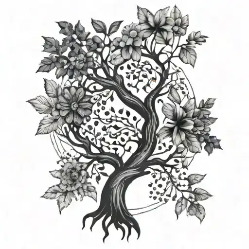A Detailed Blackwork Tattoo Of A Family Tree Intertwined With Various Plants And Flowers