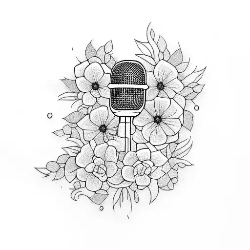A Blackwork Tattoo Of A Microphone Intertwined With A Vine Of Flowers