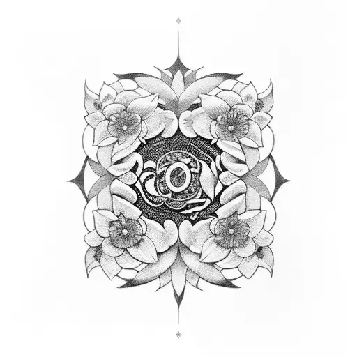 An Atlus Statue Adorned With Delicate Floral Details In Blackwork Style