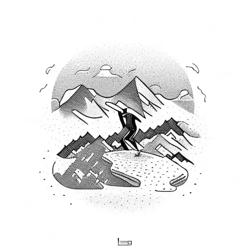 A Detailed Illustration Of A Triathlete Crossing The Finish Line With A Mountain Backdrop