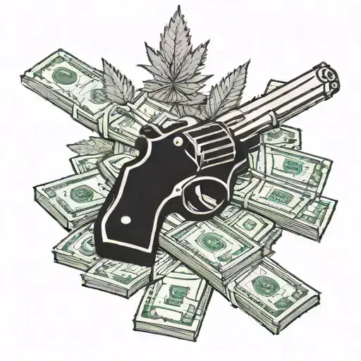 A Stack Of Cash Shaped Like A Marijuana Leaf With A Gun In The Background
