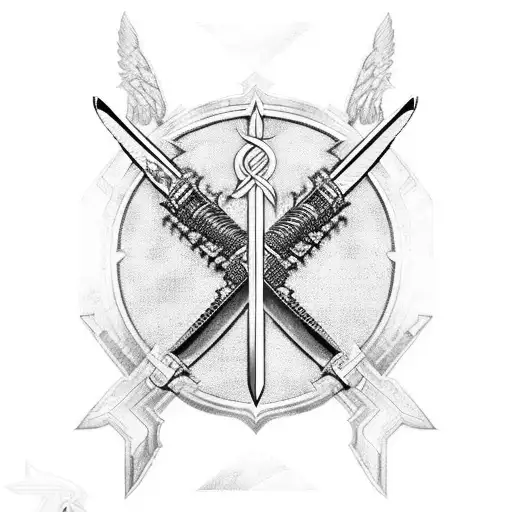 An Abstract Blackwork Design Depicting Archangel Michael's Sword Intertwined With Military Gears