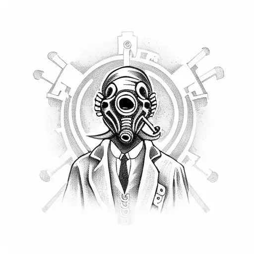 Scary Plague Doctor Over Dead Bodies With A Girl In A Gas Mask