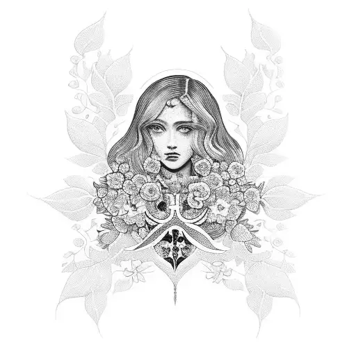 A Blackwork Tattoo Of Eva Maria Surrounded By Delicate Floral Motifs And A Small Cross