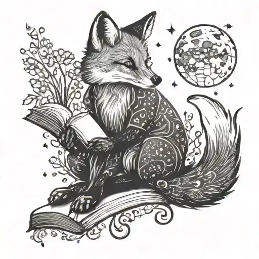 A Magical Fox Reading A Book Under A Starry Sky