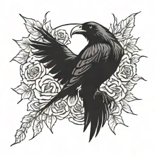 Odins Raven Surrounded By Skulls And Roses Intertwined