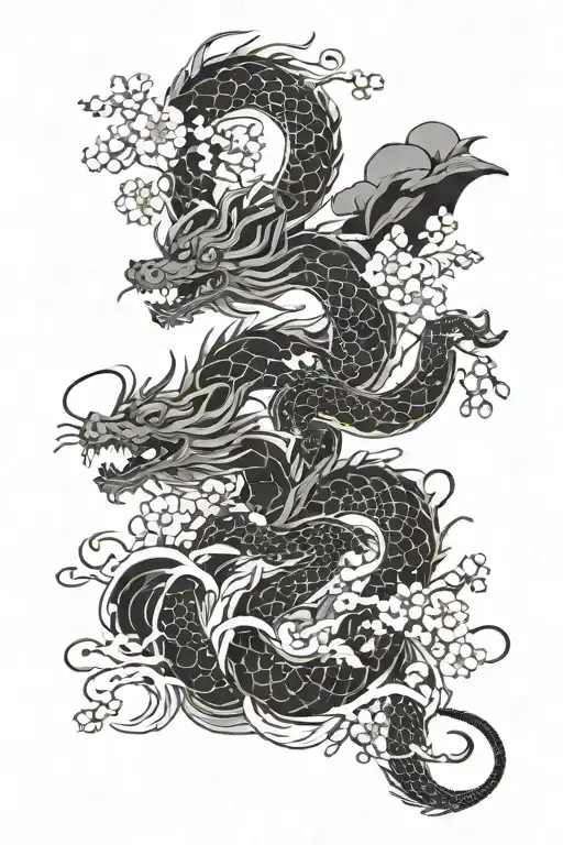 Japanese Dragon And Waves With Cherry Blossoms