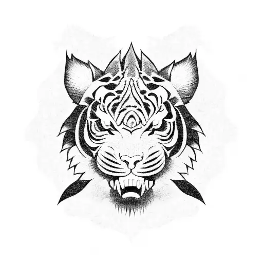 Japanese Tiger And Dragon Head With Traditional Japanese Patterns Around It
