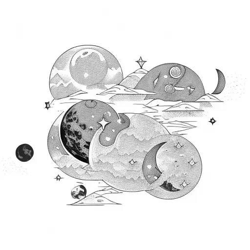 A Blackwork Tattoo Of A Cosmic Landscape With A Moon And Stars