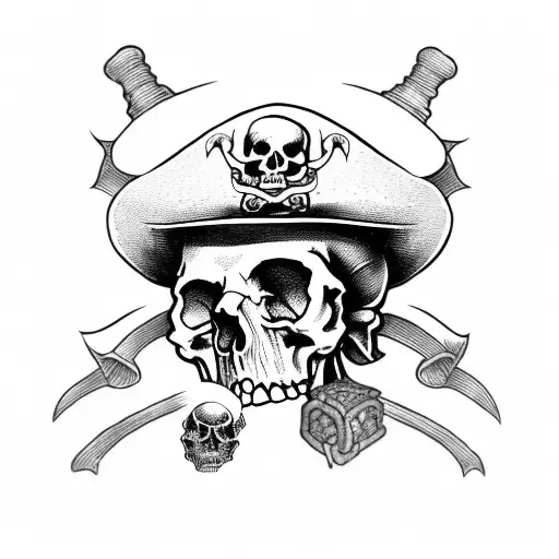 Pile Of Skulls With A Treasure Chest Ontop And A Skelton Pirate Wearing A Hat