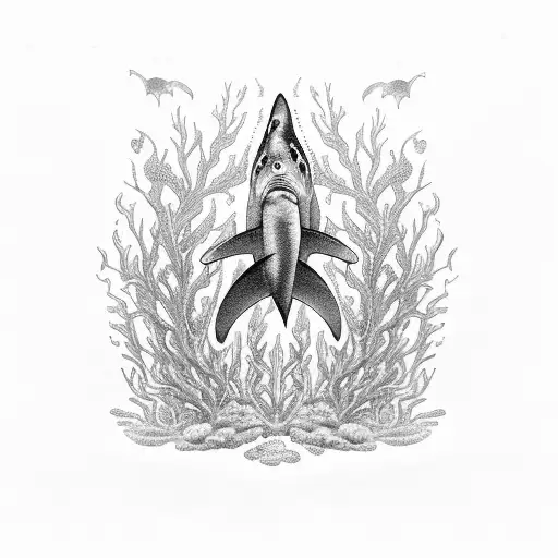 An Intricate Blackwork Design Of A Shark Swimming Among Coral Reefs