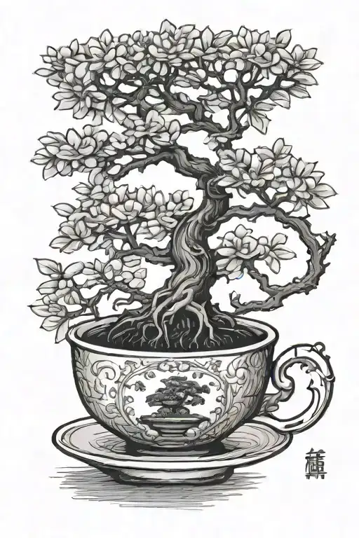 Normal Sized Bonsai Tree Growing Out Of A Small Vintage Teacup