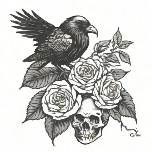 Raven Sitting On Skulls Roses