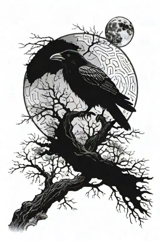 Raven Perched Tree River Flowing Wolf Howling At Moon
