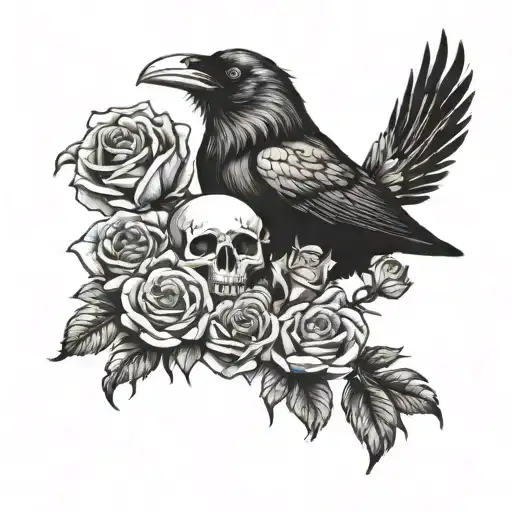 Raven Surrounded By Skulls And Roses