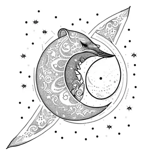 A Dotwork Design Of A Crescent Moon Made Of Interwoven Lilies And Stars