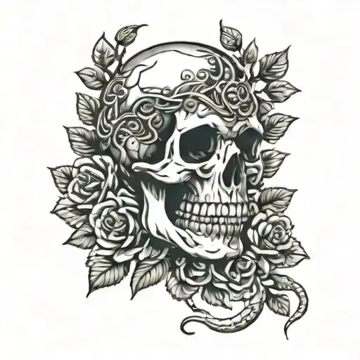 Skull With Snake Intertwined In Rose Bush
