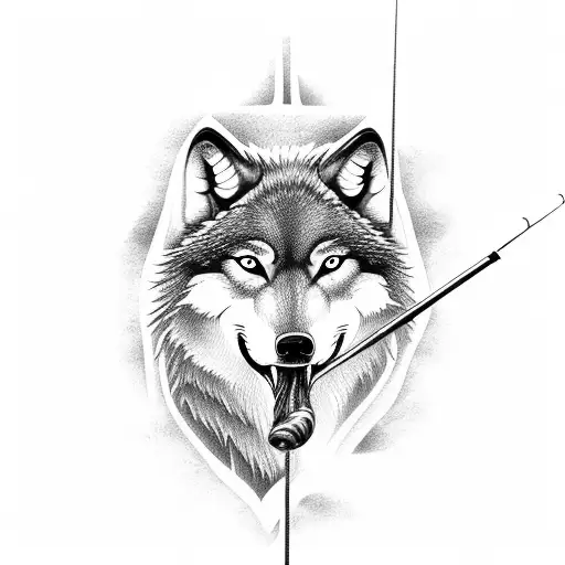 A Majestic Wolf Emerging From A Lake With A Fishing Rod In Its Mouth