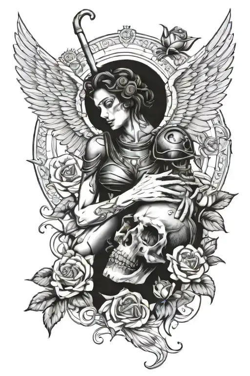 Angel And Gladiator With Skull And Roses Surrounding