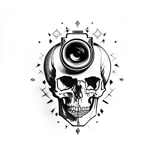 A Gothic-inspired Skull Surrounded By Musical Notes And A Camera Lens