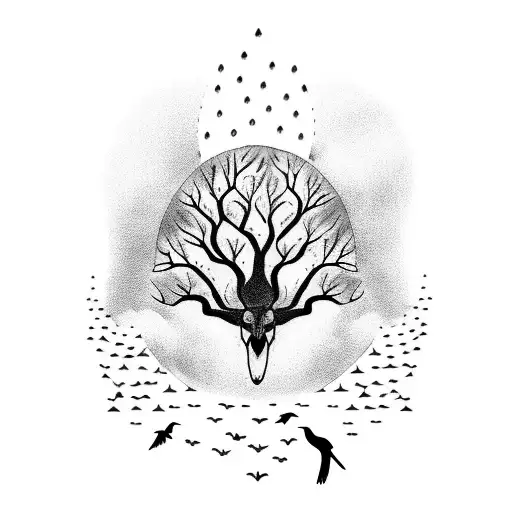 Tree With Crow And Wolf And Moutains