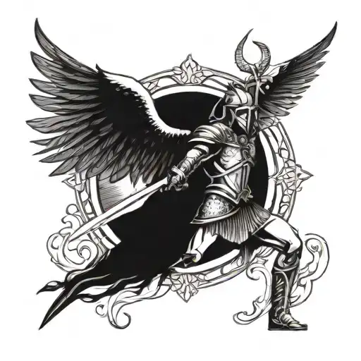 Warrior With Sword And Shield With Wings Spread Looks Like Coming Out Of Heaven Door