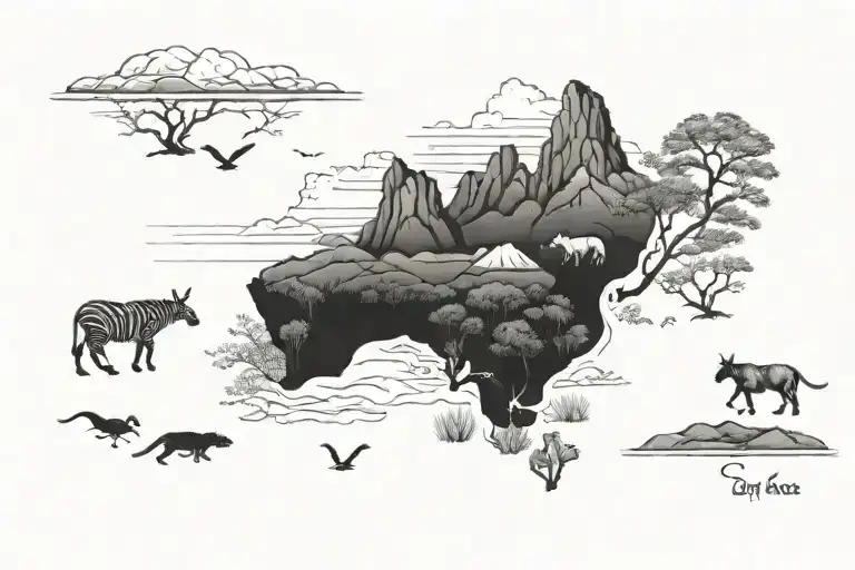 South Africa Landscape Tattoo Featuring Table Mountain And Endemic Animals